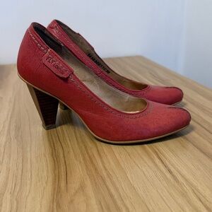 Vintage Fly London Red Brick Yrat Leather 3” Wooded Heels Pointed Toe Size 36